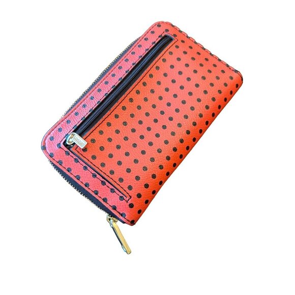 Fossil Red & Black Polka Dot Zip-Around Leather Wallet With Multiple Compartment - Picture 2 of 5